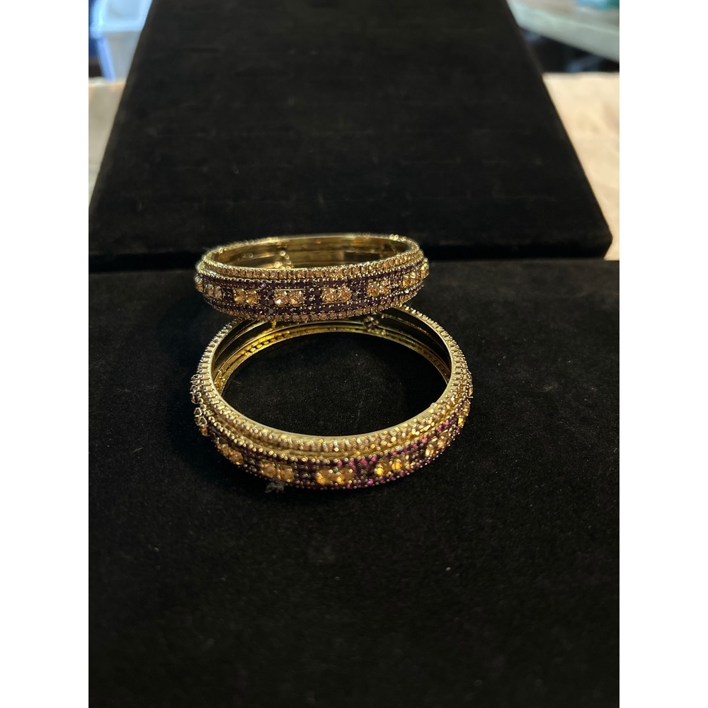 Pair Gold Tone Bangle Bracelets‎ Purple Rhinestone Crystal Statement Stackable